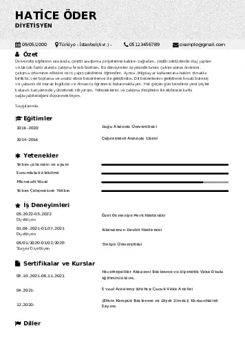 Beslenme Uzmanı Diyetisyen CV Örnekleri cv indir